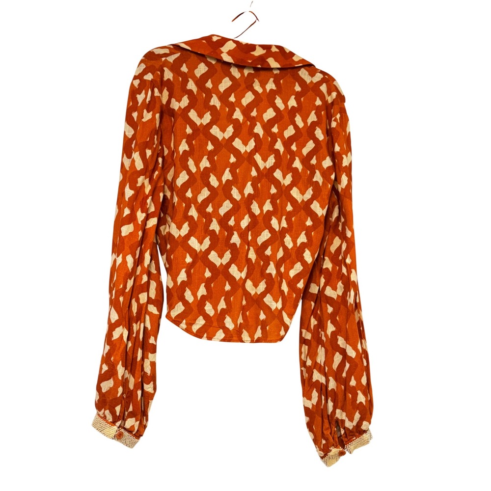Zara Orange Abstract Print Knot Front Cropped Linen Blend Blouse XS - Picture 2 of 8